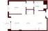 Modern apartment floor plan with 1 bedroom, living room, dining area, kitchen, and porch.