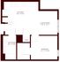 Contemporary floor plan with open kitchen, spacious living room, one bedroom, and bathroom.