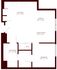 Floor plan of a contemporary apartment featuring a spacious kitchen, dining area, living room, bathroom, and bedroom.