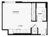 Contemporary studio apartment floor plan with open living and dining area, kitchen, bathroom, and washer/dryer.