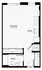 Contemporary studio apartment floor plan with open living and kitchen area, bathroom, and laundry in compact layout.