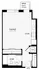 Floor plan of a modern studio apartment with kitchen, living area, bathroom, and balcony.