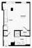 Modern studio apartment floor plan with kitchen and living area, closet, and bathroom.