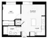 Contemporary one bedroom apartment floor plan with open living space and kitchen, showing areas to rest, cook, and wash.