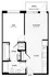 Modern apartment floor plan featuring one bedroom, spacious living area, kitchen, and balcony