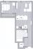 Contemporary one-bedroom apartment floor plan featuring open-concept living area, modern kitchen, and spacious bathroom.