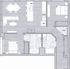 Contemporary floor plan with 2 bedrooms, open kitchen and living area, and 2 bathrooms.