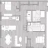 Contemporary two-bedroom apartment floor plan with open kitchen and living area, plus two bathrooms.