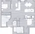 Spacious floor plan with 2 bedrooms, a large open living area, and modern kitchen layout.
