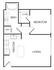 Modern floor plan showcasing a spacious 1-bedroom layout with an open-concept living and kitchen area, featuring a cozy bath and utility space.