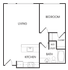 Modern single-bedroom apartment floor plan with open-concept living and kitchen area, spacious bathroom, and convenient utility closet.
