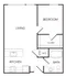 Cozy floor plan showcasing a spacious bedroom, open living area, modern kitchen, and functional bath with utility space.