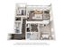 Cozy Bliss apartment floor plan with 2 bedrooms, spacious living room, kitchen, and two bathrooms.