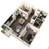 Modern 3D floor plan featuring a single bedroom, elegant open kitchen, spacious living area, cozy home office, and private balcony with greenery.