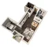 Modern 3D floor plan showcasing a chic one-bedroom apartment with an open living area, sleek kitchen, and a stylish bathroom, complemented by a cozy balcony.