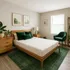 Bright and inviting bedroom with a modern wooden bed, green accents, and cozy decor, perfect for relaxation.
