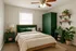 Inviting bedroom with a cozy bed, elegant green furniture, and lush potted plants creating a serene atmosphere.