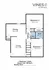 Vines at Meridian floor plan showcasing a compact 2 bedroom, 2 bath layout with an open dining and living area, perfect for modern living. Total area: 595 sq. ft.