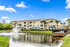 Exterior of apartment building pond with fountain