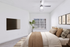 Carpeted bedroom, Bed, ceiling fan, window, and TV
