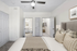 Carpeted bedroom, Bed, ceiling fan, lamp and closet