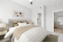 Bed, ceiling, side table and lamp