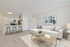 Carpeted living room with sectional couch, coffee table, kitchen bar and chairs