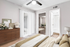 Carpeted bedroom with ceiling fan, beige bedding, dresser, and sliding glass patio doors