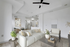 Couch, ceiling fan, and table