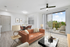 Couch, ceiling fan, and table