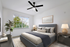 Bed, ceiling fan, and window