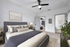Bed, ceiling fan, and lamp