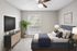 Virtual staging of bedroom with large bed and ceiling fan