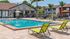 Inviting apartment community pool surrounded by lush greenery and modern lounge chairs, perfect for relaxation and leisure under sunny skies.
