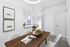 Modern dining area with elegant wooden table, stylish chairs, and view into a bright, open-concept living room featuring contemporary decor.