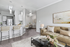 Contemporary apartment interior featuring a sleek kitchen with bar seating, an elegant living area, and stylish decor.