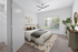 Bright and cozy bedroom with elegant decor, featuring a large window, stylish ceiling fan, and plush carpeting.