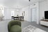 Modern apartment interior with open living area, cozy dining space, and chic bar seating featuring elegant decor.