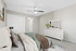 Elegant bedroom with plush bedding, a modern ceiling fan, and a stylish white dresser creating a bright and inviting atmosphere.