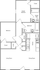 Contemporary floor plan illustrating a 2-bedroom apartment with open living and dining area, efficient kitchen, and two bathrooms.