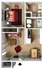 Charming apartment layout showcasing a cozy bedroom, modern bathroom, open-concept living area, and a sleek kitchen with dining space.