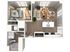 Chic open-concept floor plan showcasing a cozy bedroom, modern kitchen with breakfast bar, and stylish living area.