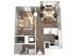 Modern apartment floor plan showcasing one bedroom, an open kitchen with island seating, and a cozy living room with natural light.