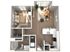 Modern 3D floor plan showcasing a stylish 1-bedroom apartment with an open-concept living area and a sleek kitchen. Includes a spacious bathroom and ample closet space for convenience.
