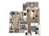 Modern 3D floor plan showcasing 2 bedrooms, an inviting open-concept living area, a sleek kitchen with island seating, and a cozy outdoor balcony.