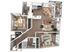 Modern 3D floor plan showcasing two spacious bedrooms, a cozy living area, and a stylish open-concept kitchen, featuring natural light and a private balcony.
