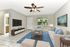 Bright and inviting living room with cozy white sofas, vibrant blue accents, and a stylish ceiling fan, complemented by a large window offering lush green views.