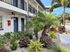 Charming apartment entrance with lush landscaping, featuring vibrant tropical plants under a clear blue sky.