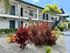 Charming apartment building with modern exterior, lush landscaping, and inviting pathway under bright blue skies.