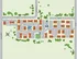 Comprehensive apartment community layout featuring modern buildings, lush greenery, a tennis court, swimming pool, and convenient amenities like laundry and mail services.